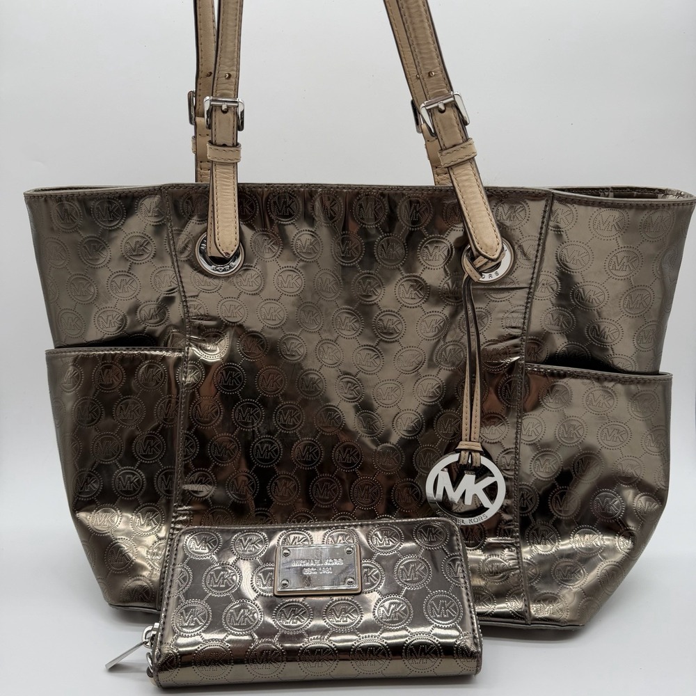 Michael Kors Jet Set East/West Mirror Metallic Tote & Wallet Set MK Bronze